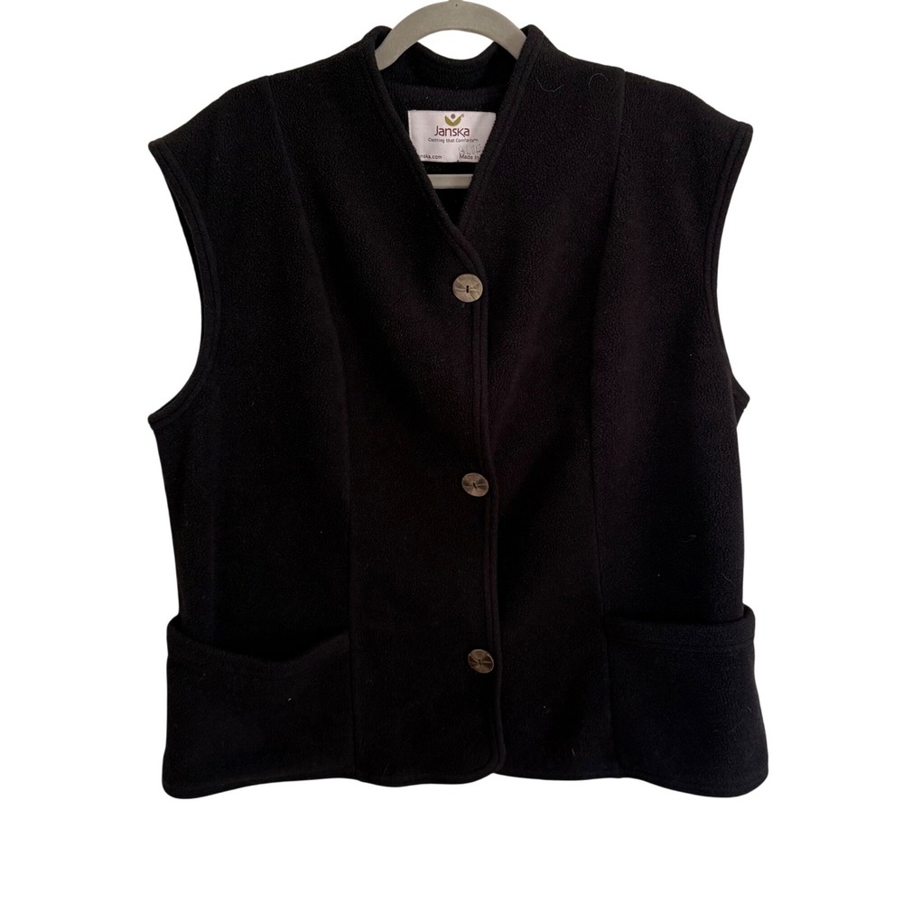 Janska‎ Black Fleece Button Front Vest Jacket Large Minimalist Capsule Lagenlook